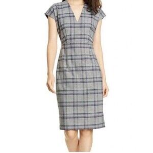Lewit Lydia Ivory Navy Wool Blend Glen Plaid Pencil Dress Size 6 Lined